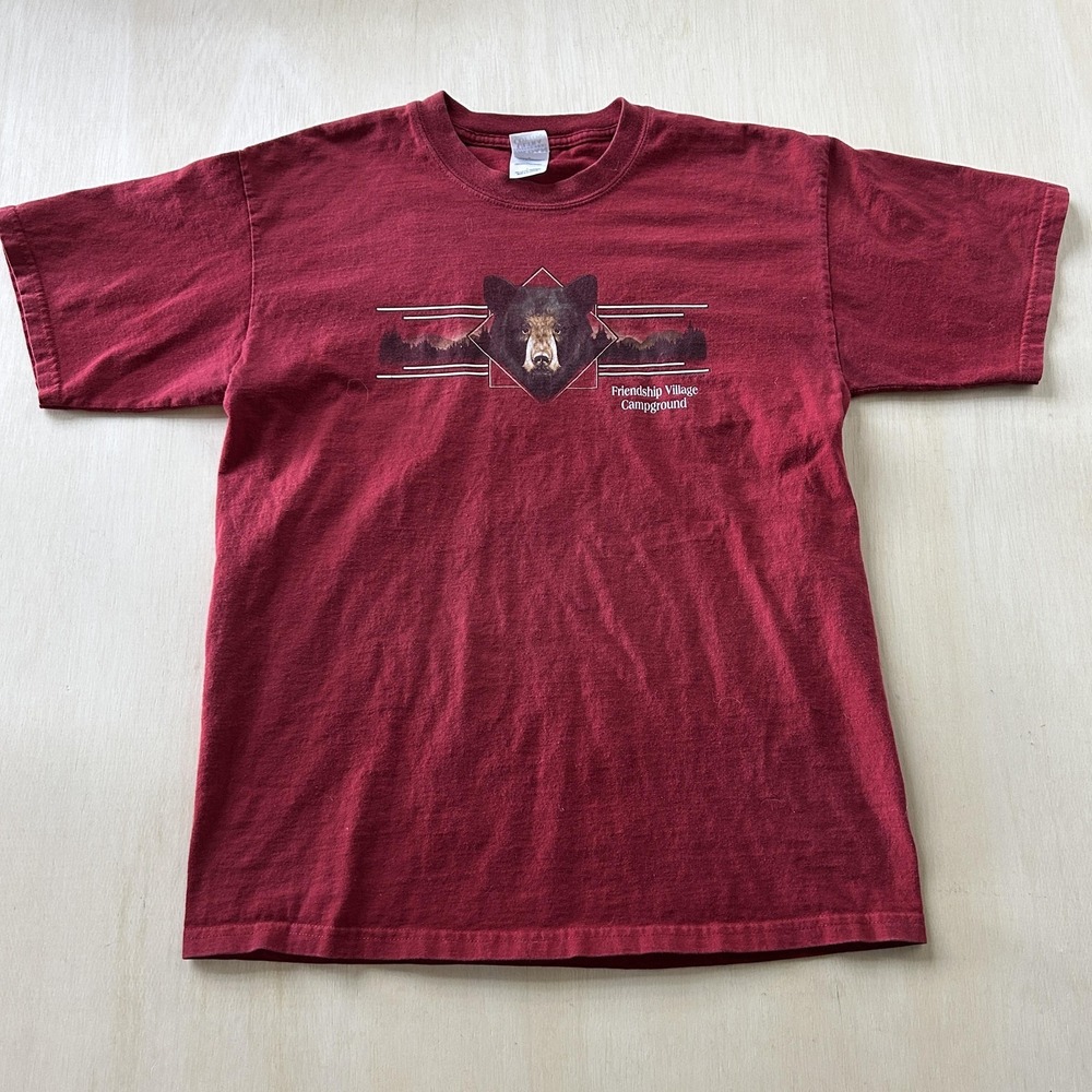Vintage Y2K Bear Shirt Mens Large Red Friendship Village Camping Tee T-Shirt